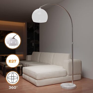 Торшер дуговий Jago, регульована висота 130-180 см, E27 LED, макс. 60 Вт, білий, енергоклас A++-E – підлогова лампа для вітальні