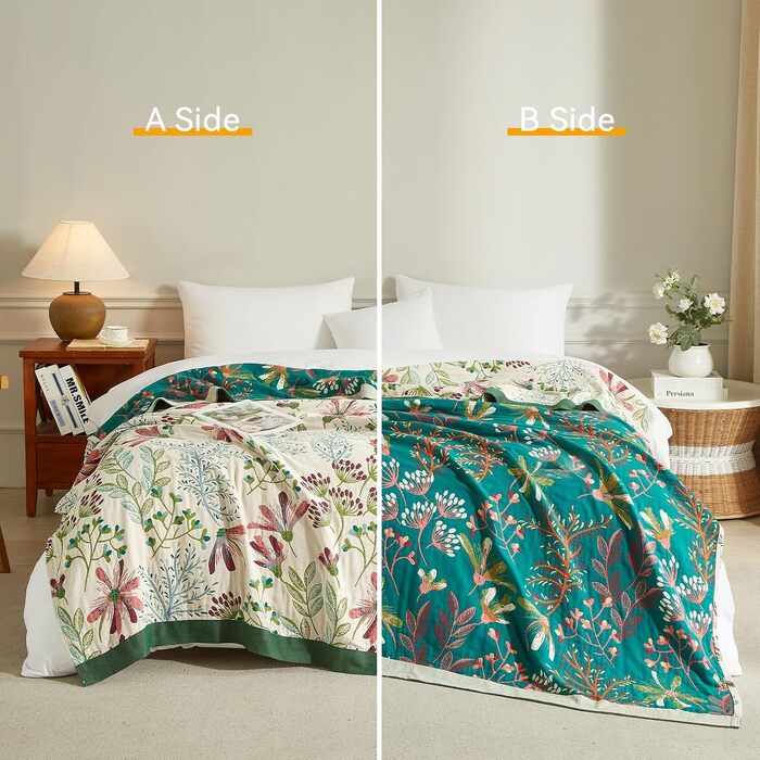 Покривало Bailix Premium Boho з 100% бавовни, двостороння муслінова ковдра 150x200 см, плед для дивана та ліжка в стилі пэчворк, смарагдово-бежевий
