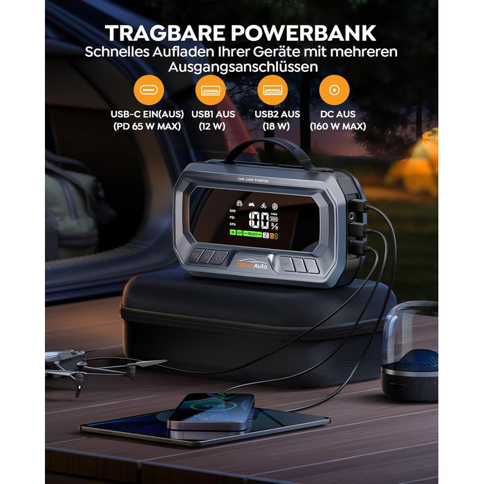 Бустерний пускач YaberAuto з компресором 160 PSI, 8000A Powerbank для авто (бензин та дизель до 12.0L), PD 65W, ліхтарик 600 лмен та LCD-дисплей