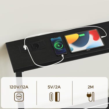 Консольний стіл YATINEY вузький у передпокій та вітальню, 180 см, з USB та Type-C роз'ємами, вінтажний коричневий з чорним (180x15x70-90 см)