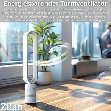 Вентилятор Zilan Turmventilator з пультом дистанційного керування, BLDC мотор, 10 режимів, 900 м³/год, коливання, таймер, сенсорний дисплей