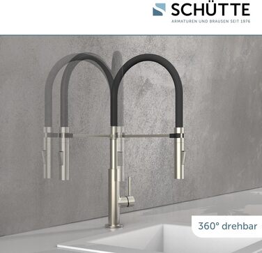 Змішувач кухонний Schütte 23138 Design з висувним шлангом Soft Touch, поворотний на 360°, нержавіюча сталь/чорний