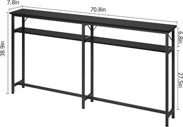 Консольний стіл вузький 180x23x100 см, 2-рівневий, з місцем для зберігання, сіро-чорний, для передпокою та вітальні