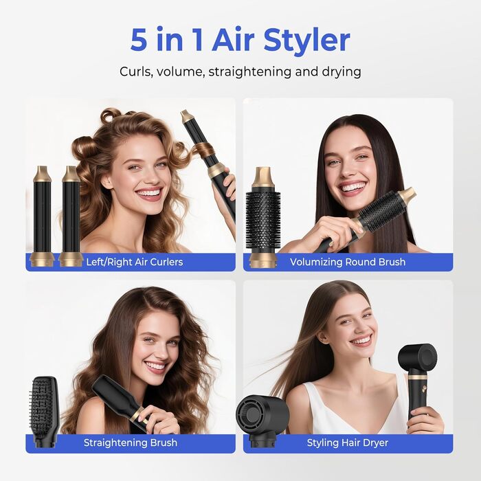 UMIGA Airstyler 5 в 1: Фен-щітка, кругла щітка, плойка та випрямляч для волосся 1000 Вт, 3 режими нагріву, рожево-чорний