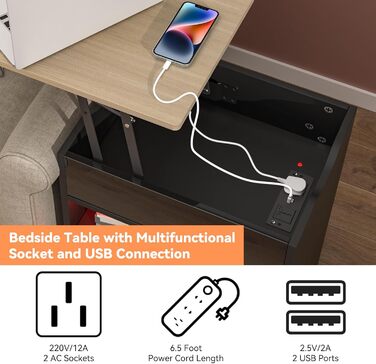Функціональний приліжковий стіл PIPIPOXER з LED-підсвіткою, розеткою та USB, на колесах, регульований комп'ютерний стіл для ноутбука з 2 шухлядами
