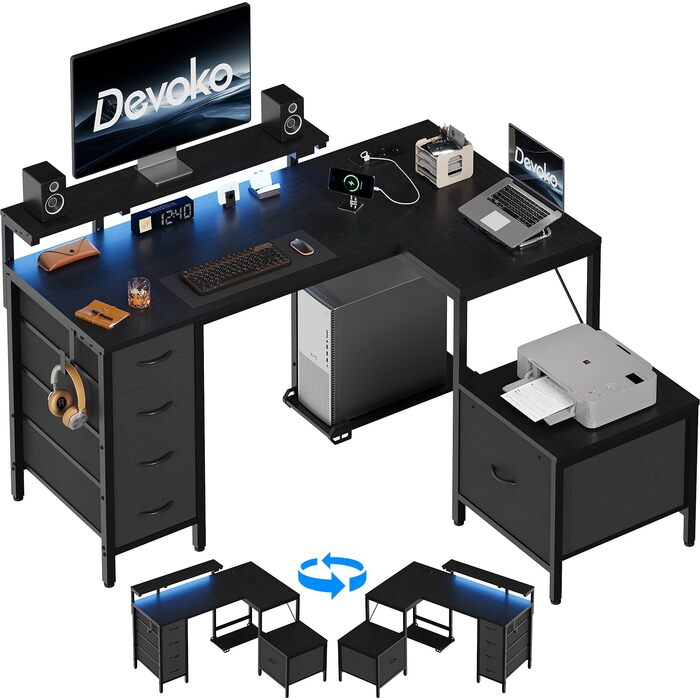 Кутовий стіл Devoko з розетками та USB, 160x120 см, 5 висувних ящиків, підставка під монітор, LED-підсвітка для дому та геймінгу, чорний