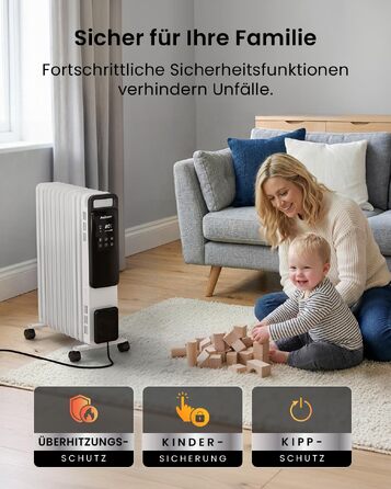Розумний електричний масляний радіатор Pro Breeze 2500W, 11 секцій, керування через WLAN/App, з термостатом, таймером на 24г та сенсорним дисплеєм, білий