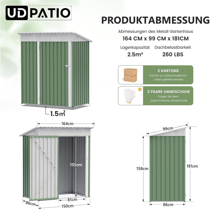 Металевий садовий будиночок UDPATIO 4 м³ (228x121x181 см) – для двору, інструментів, велосипедів, оцинкована сталь, з замком, зелений