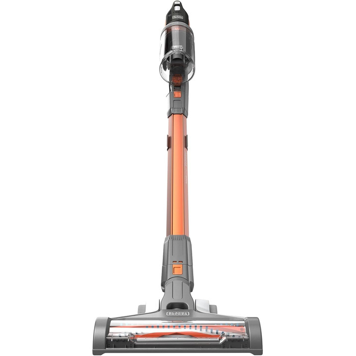 Акумуляторний пилосос BLACK+DECKER 4в1 18В 2.0Аг, безмішковий, для підлоги та ручний, з електрощіткою, бездротовий, комплект з насадкою для щілин, акумулятором, зарядним пристроєм і настінним кріпленням, Titanium/Orange