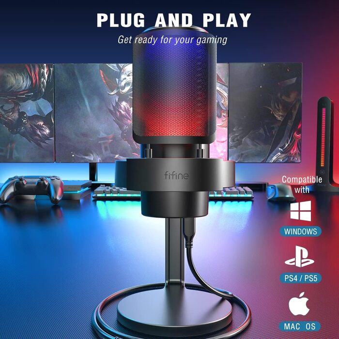 FIFINE USB мікрофон для ПК, геймінгу, стрімінгу, подкастів, студії, з RGB-підсвіткою, вимикачем звуку, виходом для навушників і поп-фільтром, сумісний з PS4, PS5, Mac