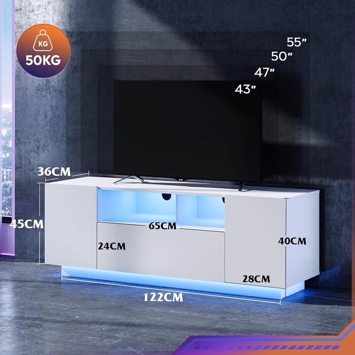 Тумба під телевізор WLIVE з LED підсвіткою, глянцева, 122x36x45 см - 20 кольорів, шафи та відкриті полиці, відкидні дверцята, біла