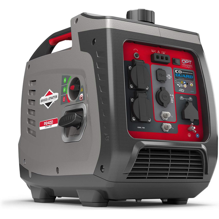 Інверторний бензиновий генератор Briggs & Stratton PowerSmart P2400, 2400 Вт (1800 Вт постійної потужності), 230 В, ультратихий та легкий, сіро-червоний