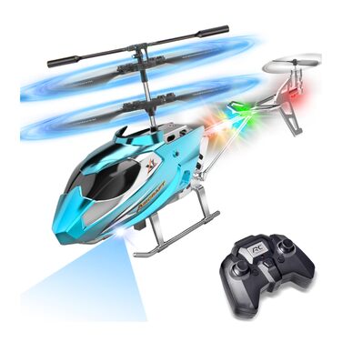 Радіокерований вертоліт Hubschrauber 2.4G з LED підсвіткою для хлопчиків та дорослих (від 12 років), 3.5 канали, гіростабілізатор, фіксована висота, автоматичний зліт, блакитний