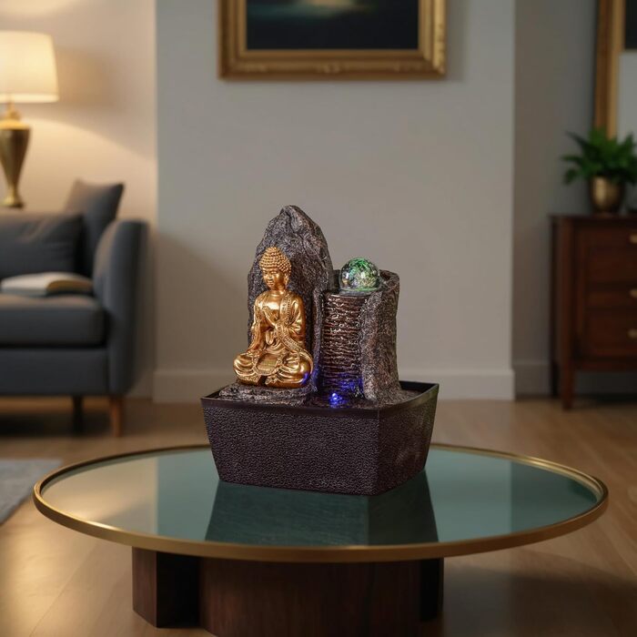 Джерело води Zen'Light від Zimmerbrunnen: Будда, LED-підсвітка, для медитації та релаксації. Декор у стилі фен-шуй, висота 26 см, горіх (Haka)