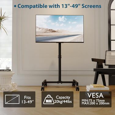 Пересувна стійка для телевізора BONTEC 13-49'' на колесах, мобільна підставка для пласких і вигнутих ТВ до 20 кг, регулювання висоти, VESA 200x200, для дому та офісу