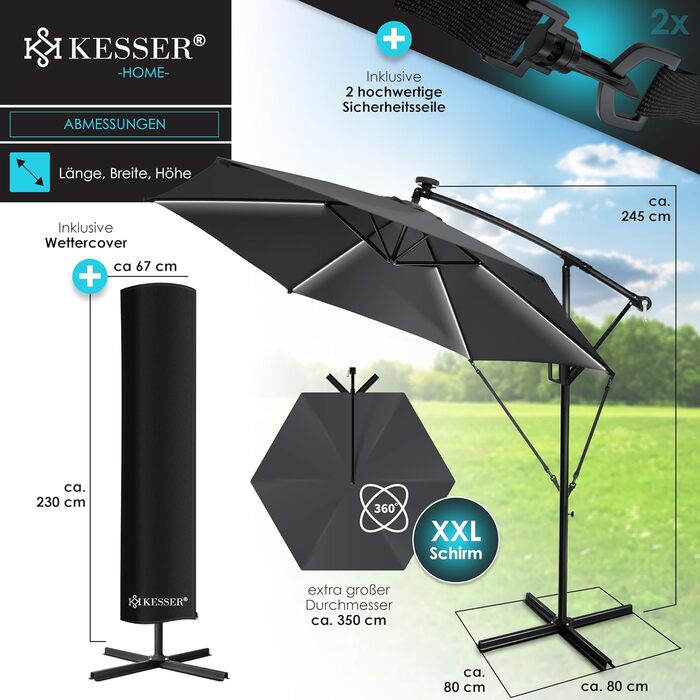 Сонячна алюмінієва парасолька KESSER 350 см з LED підсвіткою, дистанційним керуванням, водовідштовхувальна, UV-захист, з основою, для саду, антрацит