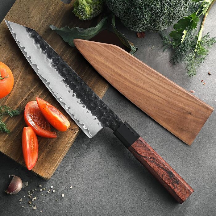 Професійний японський ніж Kiritsuke HEZHEN 21,5 см, кухонний ніж із 3-шарової дамаської сталі з восьмигранною ручкою з червоного дерева та дерев'яним чохлом