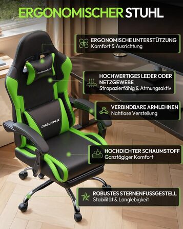 Ігрове крісло Dowinx Ergonomic Gaming Chair з підставкою для ніг, регульованими підлокітниками, навантаження до 150 кг, колір Зелений Pro