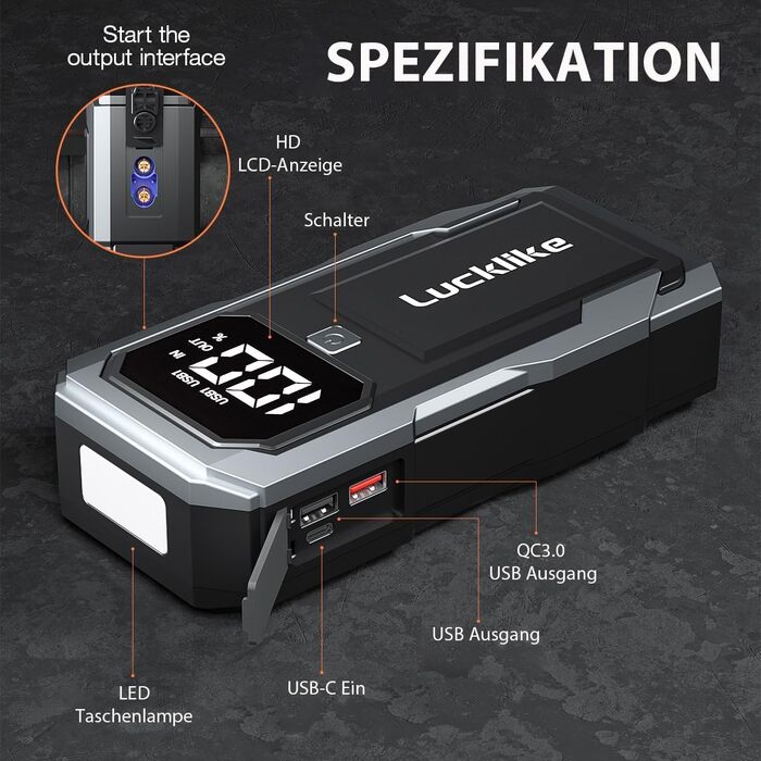 Бустер акумулятора Lucklike 5000A: Потужний пусковий пристрій (Powerbank) для авто (до 10.0л бензин / 8.0л дизель), 12V літієвий пускач з LED-ліхтарем, сріблястий