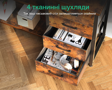 Кутовий письмовий стіл ODK з шухлядами, LED-підсвіткою, розетками та USB,  вінтажно- коричневий 155×110 см, для домашнього офісу