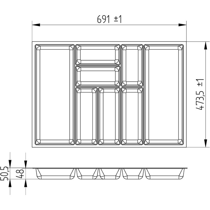 Лоток для столових приборів SO-BOX 3, 69,1x47,3 см, силіконова сірий канвас, для шухляд 80 см Nobilia (від серпня 2012) та інших кухонь