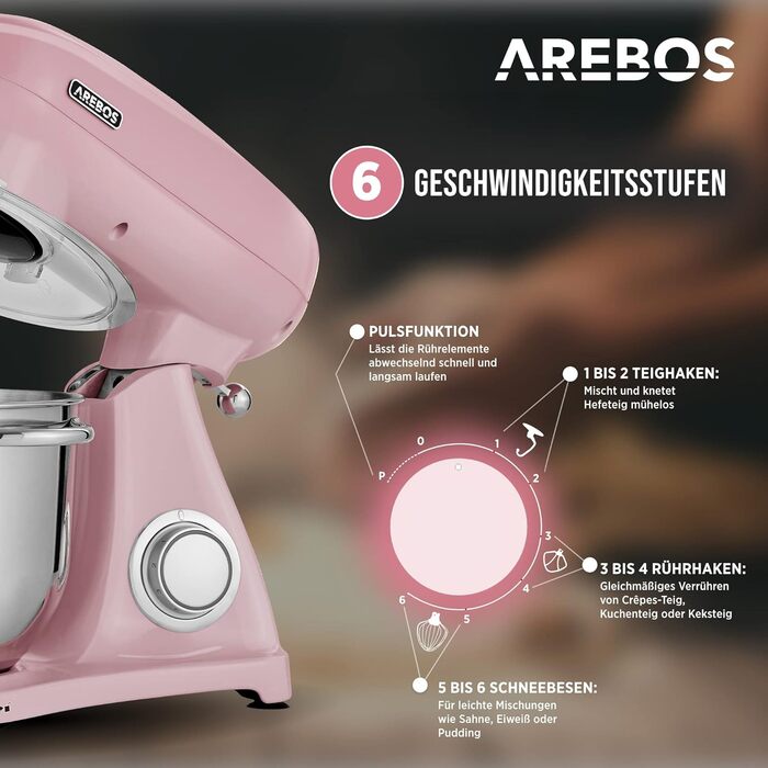 Arebos Ретро кухонна машина 1800W рожева | Міксер з чашею 6л з нержавіючої сталі | Тиха робота | З набором насадок (крюк для тіста, вінчик, насадка для збивання) | 6 швидкостей