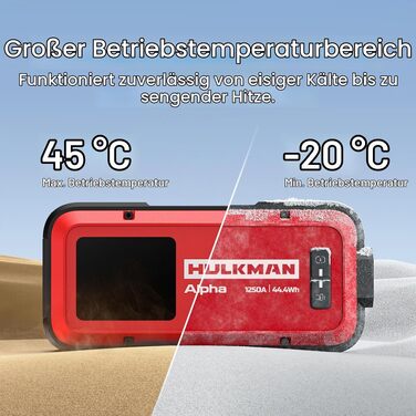 Бустерний пускач HULKMAN Alpha Ultra Red 1000A 37Wh для автомобіля 12V, портативний jump starter для бензинових (до 6.5L) та дизельних (до 3.0L) двигунів, IP65, LED-дисплей