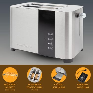 Тостер ProfiCook 2-складовий, нержавіюча сталь, 850 Вт, широкий слот, знімна насадка для булочок, 7 режимів підсмажування, сенсорне управління, лоток для крихт, PC-TA 1250