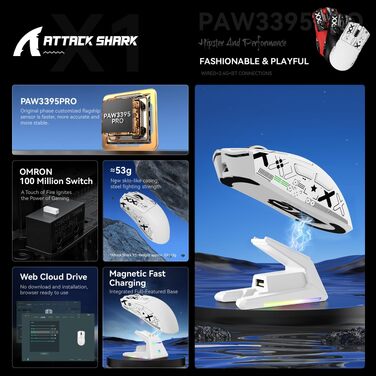 Ігрова миша Attack Shark X1 White: сенсор PixArt PAW3395PRO, 40000 DPI, вага 53г, RGB док-станція з тачпадом, бездротова (BT/2.4G) та дротова, для Windows, Xbox, PS, Mac