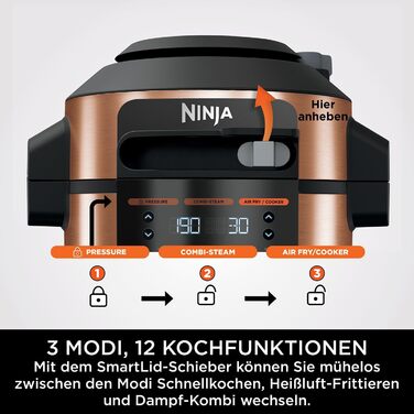 Мультиварка Ninja Foodi MAX 7,5 л 12-в-1 з технологією SmartLid, тиск, аерофритюр, повільне приготування, мідна/чорна, модель OL650EUCP