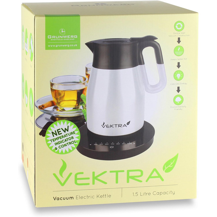 Електрочайник Vektra VEK-1504 з вакуумною ізоляцією, температурним контролем, 1,5 л, нержавіюча сталь, подвійні стінки, термос 2-в-1, BPA-free, металево-чорний, EU-вилка
