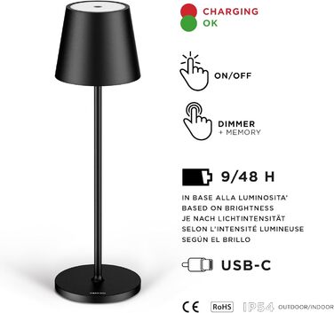 Світлодіодна акумуляторна настільна лампа Stilosa Classica 3, IP54, диммована, USB-C, чорна, 38 см, для дому та вулиці