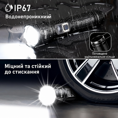 Ліхтарик Blukar LED, USB-C, 500000 люменів, надяскравий, тактичний, зум, 5 режимів, IP67, водонепроникний, для кемпінгу та екстрених ситуацій, чорний