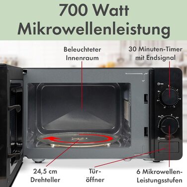 Мікрохвильова піч Clatronic MW 791, 20 л, 700 Вт, 6 режимів, підсвітка, таймер 30 хв, скляний піддон 24,5 см, чорна