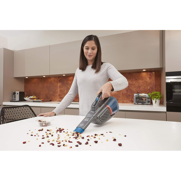Акумуляторний ручний пилосос BLACK+DECKER BHHV320B, 12В, 25AW, циклонна фільтрація, без мішка, з висувною щілинною насадкою та зарядною станцією, титаново-синій