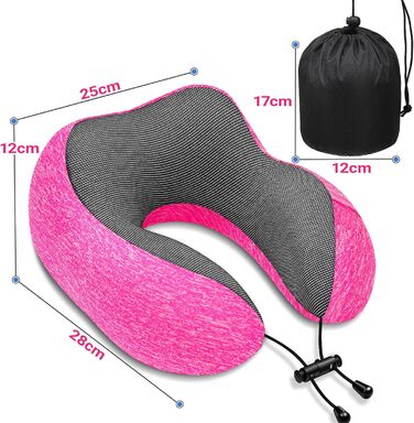 Подушка для подорожей під шию з ефектом пам'яті (Memory Foam) з 3D-маскою для сну та берушами, рожева — ідеальна для літака, авто та офісу