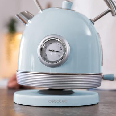 Електрочайник Cecotec ThermoSense 420, 1,8 л, 2200 Вт, з температурним індикатором, нержавіюча сталь, 360° база, вінтажний стиль, блакитний