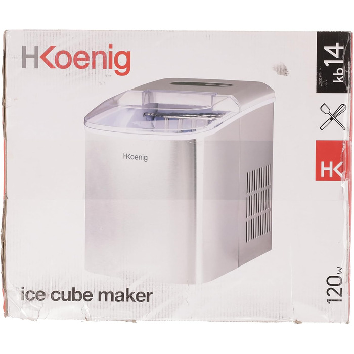 Льодогенератор H.Koenig KB14, 12 кг/день, 2 розміри, нерж. сталь, 2.1 л, 120 Вт, сріблястий