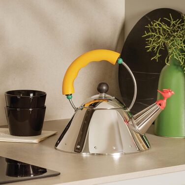 Чайник для індукційної плити Alessi 9093/1 LAZ, нержавіюча сталь 18/10, полірована, з ручкою та свистком у формі пташки, жовтий