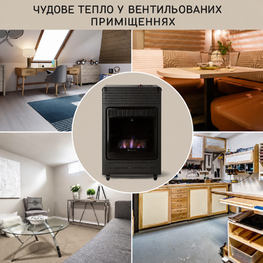 Газова пічка Blumfeldt Andora Flame з імітацією полум'я, 2 режими нагріву (2 або 3,4 кВт), для газових балонів до 11 кг, площа обігріву до 68 м², електричне підпалювання, шланг і редуктор у комплекті, чорна