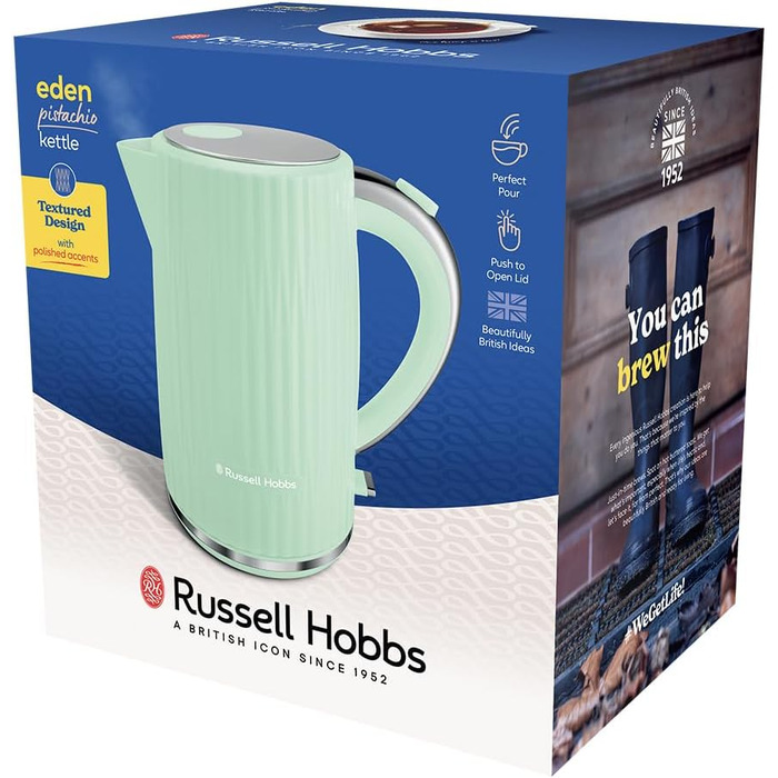 Електричний чайник Russell Hobbs Eden 27362-70, 1.7 л, 2400 Вт, колір фісташковий, нержавіюча сталь, з фільтром від накипу та індикатором рівня води