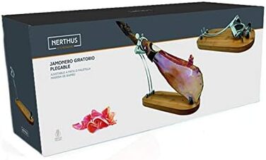Тримач для хамону NERTHUS FIJ 955, обертовий, складаний, з ножем, дерево та нержавіюча сталь, оригінал