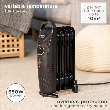Масляний електрообігрівач Russell Hobbs RHOFR3001, 650 Вт, портативний, 5 секцій, з термостатом та захистом від перегріву, чорний, для приміщень до 10 м²