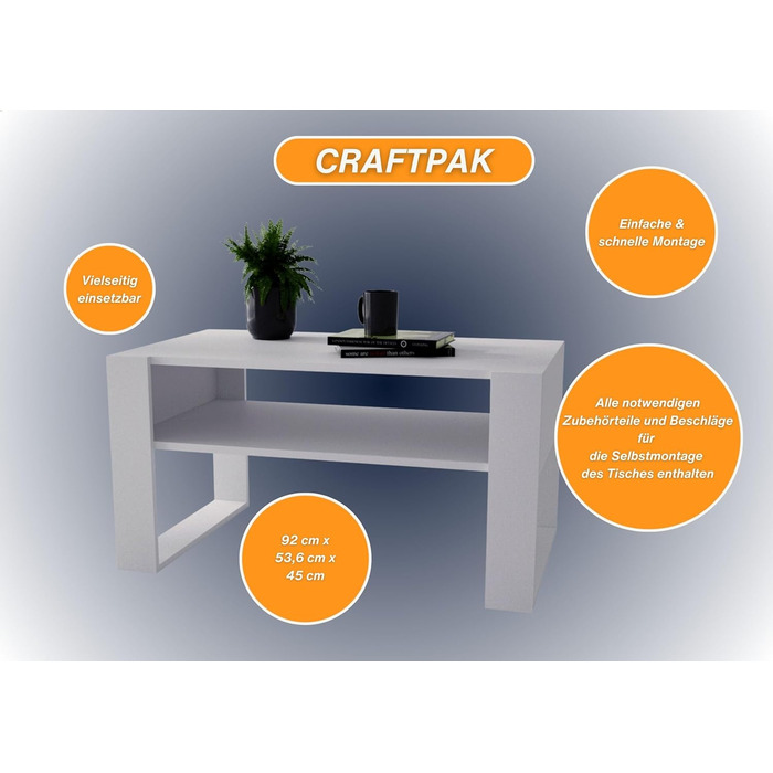 Стіл для вітальні CraftPAK з якісного деревостружкового матеріалу, сучасний журнальний стіл з додатковою полицею, для дивану, колір бардоліно-білий