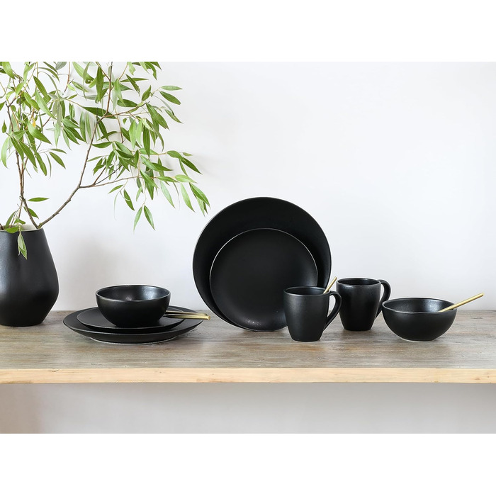 CreaTable Magic Black набір посуду 8 предметів з кам'яної кераміки, сервірувальний комплект, підходить для посудомийної машини та мікрохвильовки, вироблено в Португалії