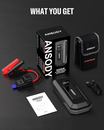 Бустерний пускач автомобіля 3000A Powerbank для авто 12V (до 10л бензин/8л дизель) з LED-ліхтарем та пусковими кабелями, сірий