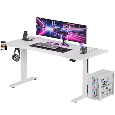 Регульований по висоті письмовий стіл Devoko 160x70 см, ігровий стіл для комп'ютера з двома моторами, LED-підсвіткою та системою кабель-менеджменту, білий