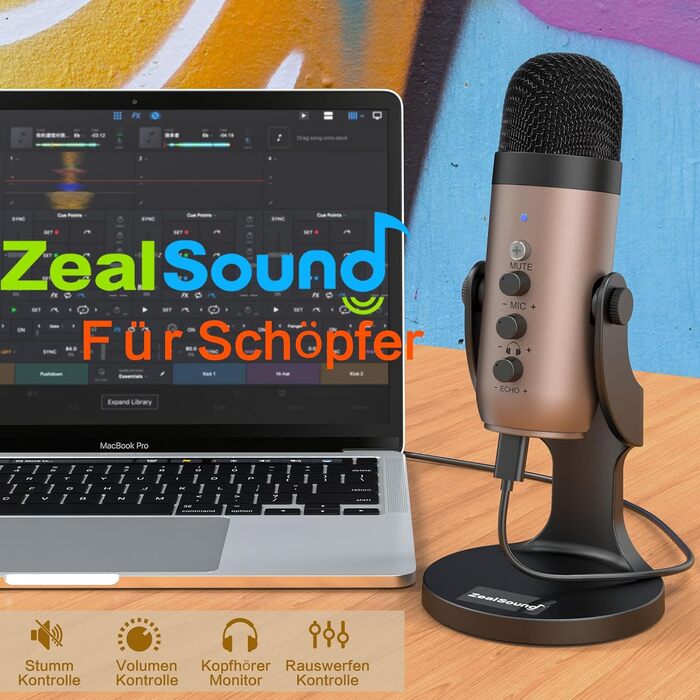 Zealsound USB мікрофон K66 Gold для ПК, смартфонів, PS4/5, конденсаторний, з шумозаглушенням, кнопкою вимкнення та ехоефектом, для ігор, запису, стрімінгу, YouTube, сумісний з Mac та Windows