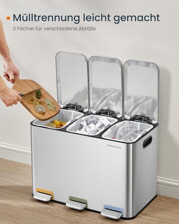 Сортувальний смітник SONGMICS HOME для кухні, 3×15 л, сталевий, з кольоровими педалями, кришками та внутрішніми відрами, металік