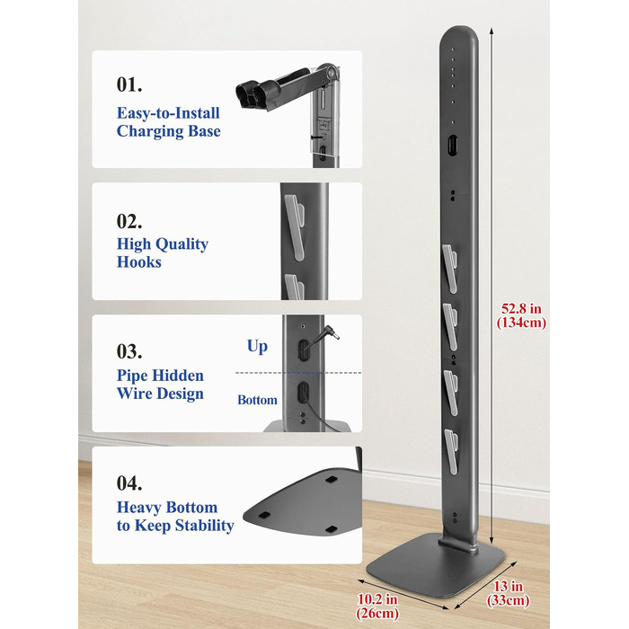 Підставка для пилососа Dyson Gen5 V16 V15 V12 V11 V10 V8 V7 V6 — металевий тримач без свердління, 4 гачки для аксесуарів, темно-сірий